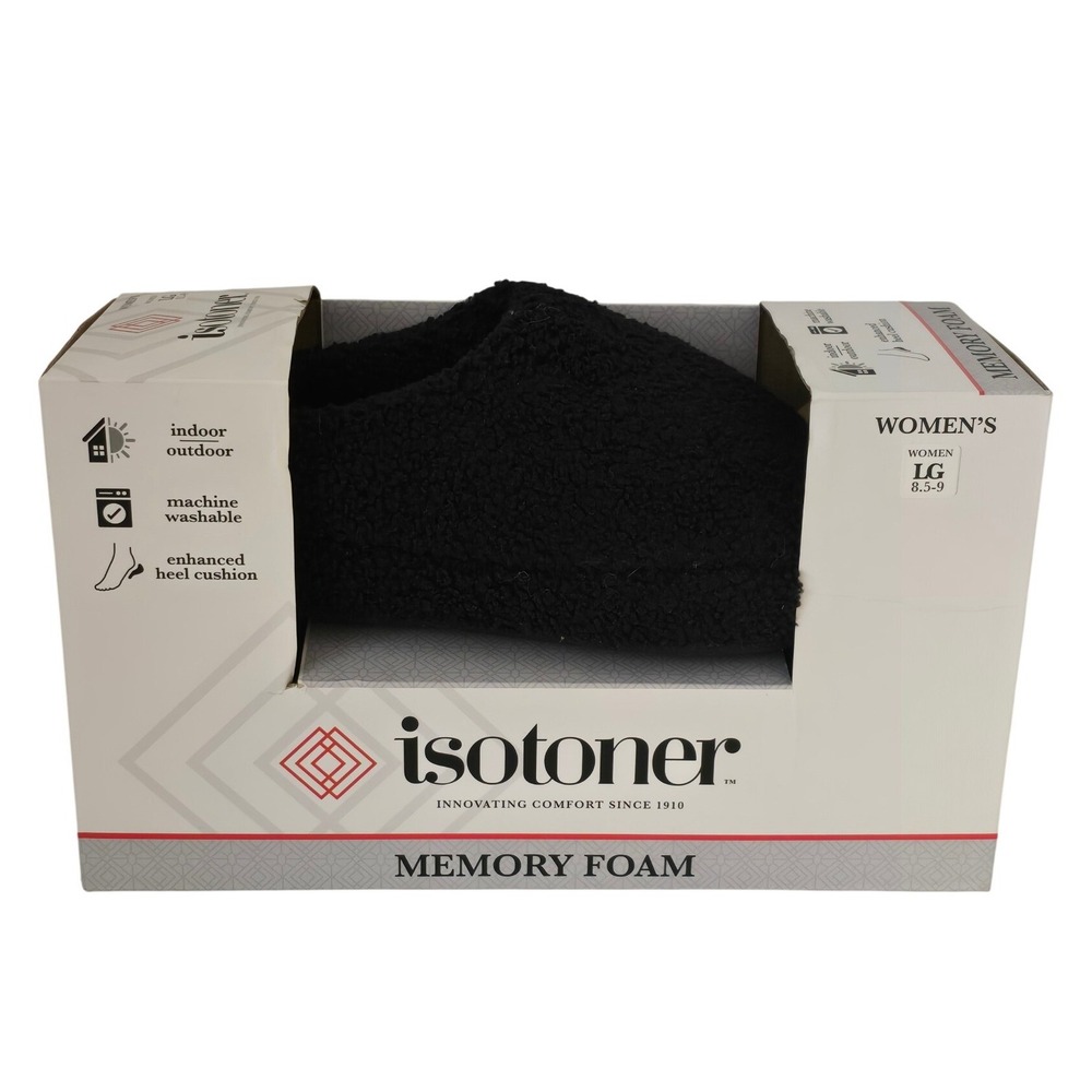 Isotoner Womens Black Sherpa Memory Foam Slippers Indoor Outdoor 8.9/9 L
